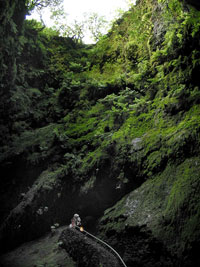 Über eine steile Treppe gelangt der Besucher in die Algar do Carvão (Foto: Eichner-Ramm)